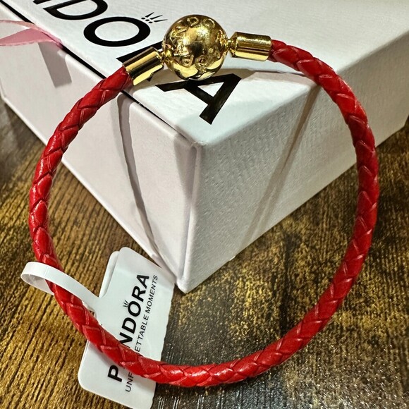 Authentic Pandora Red Leather Braided Wrap Bracelet, Gold Plated Clasp, SZ 23CM - Picture 1 of 4